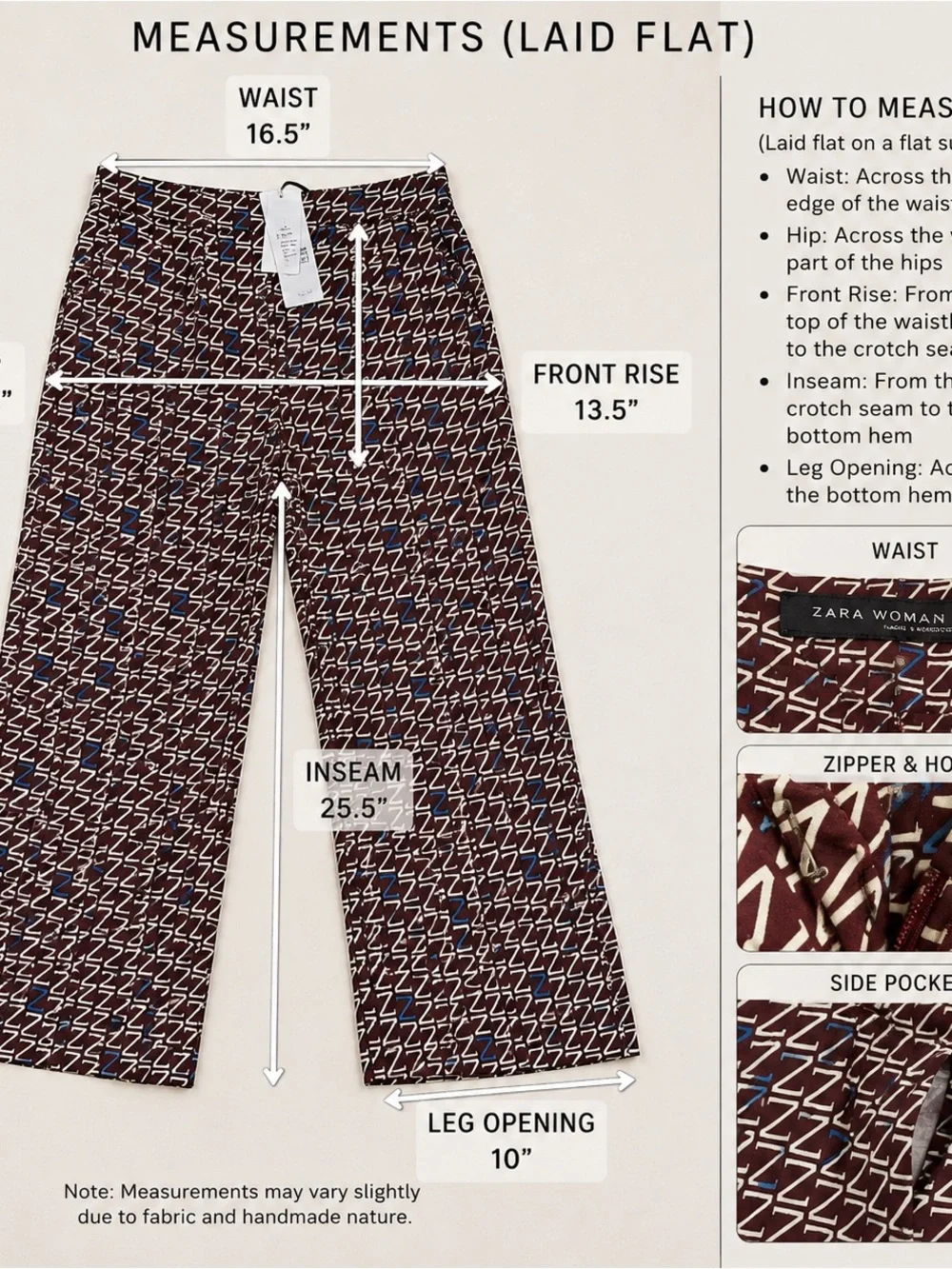 Zara Woman NWT Geometric Print Straight Leg Pants Burgundy Blue Size L